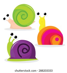 Cartoon snails in green, pink and purple vector illustration.