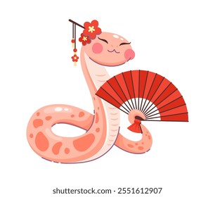 Cartoon snake character celebrating the 2025 Lunar Year with red fan symbolizes joy and cultural festivities celebration. Isolated vector cute pink reptile snake animal with traditional Chinese decor