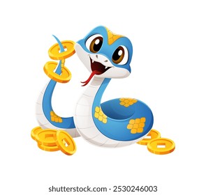 Cartoon snake character with cheerful expression, surrounded by gold coins conveys joy, prosperity and celebration, representing the Chinese New Year. Cute blue and yellow reptile symbol of 2025 year