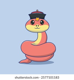 Cartoon snake character with cheerful expression. Chinese New Year celebration. Cute red and yellow reptile symbol of 2025 year.