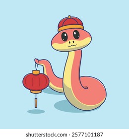 Cartoon snake character with cheerful expression. Chinese New Year celebration. Cute red and yellow reptile symbol of 2025 year.