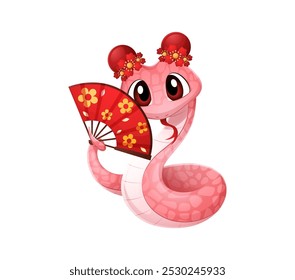 Personaje de serpiente de dibujos animados, nuevo símbolo animal del zodiaco del año lunar chino 2025. Serpiente rosa linda del Vector aislado con la expresión alegre, adornada con las flores festivas decorativas y sosteniendo un fan rojo vibrante