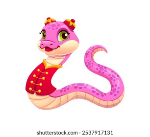 Personaje de serpiente de dibujos animados con atuendo festivo rojo y dorado, que simboliza el año Nuevo lunar chino 2025. Animal del zodiaco asiático del Vector adornado con los lazos y el chaleco, representa celebraciones tradicionales alegres del CNY