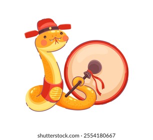 Cartoon snake character in festive red hat and outfit striking large gong celebrates 2025 Lunar Year with a cheerful festive vibe. Isolated vector playful reptile zodiac animal symbol of the New year