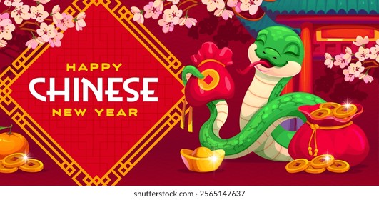 Cartoon snake character with golden coins for Chinese Lunar New Year holiday, vecor banner. Happy Chinese New Year greeting card with funny snake and red purse with gold coins, sycee and tangerines