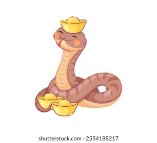 Cartoon snake character with golden ingots, symbol of the Chinese lunar year 2025. Cute reptile zodiac animal symbol with gold ingots and body is coiled in a loop representing prosperity and fortune