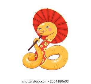 Cartoon snake character holding a red umbrella. 2025 Chinese lunar year symbol. Cute reptile animal snake with golden scales, expressive eyes, sticking tongue and festive attire lying in elegant pose