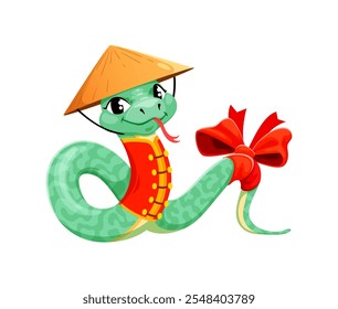 Cartoon snake character represents a playful symbol for the 2025 Chinese lunar year. Cute zodiac reptile animal with happy smiling eyes, wears traditional asian yellow conical hat, red bow and vest