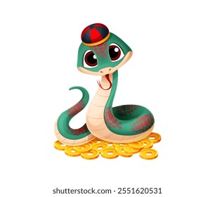 Cartoon snake character with sitting atop of pile of gold coins conveys prosperity, wealth and celebration, representing the Chinese New Year. Cute reptile in traditional hat symbol of 2025 year