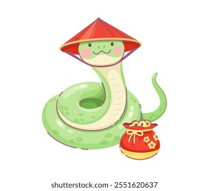 Cartoon personagem cobra com chapéu cônico asiático tradicional sentado ao lado de saco vermelho simbolizando fortuna, riqueza e prosperidade. Réptil chinês vetor representando a vibração amigável do ano lunar 2025