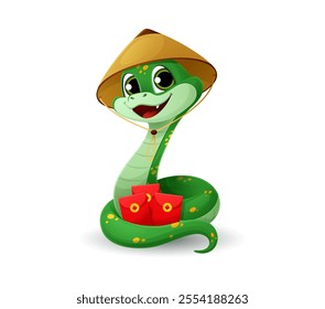 Cartoon snake character wearing Chinese traditional conical hat holds three red gift envelopes with money, celebrating the Lunar Year 2025. Vector cute festive reptile representing holiday celebration