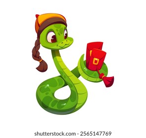 Cartoon snake character wearing Chinese traditional hat holds red envelopes with tinsel and money gift celebrating the Lunar New Year 2025. Vector cute festive reptile representing holiday celebration