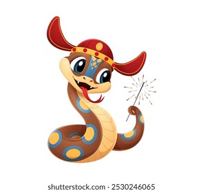 Cartoon snake character wearing a festive hat celebrates the Chinese New Year 2025. Vector funny reptile holding a sparkler, symbolizing holiday festivity, joy and excitement, happiness and tradition