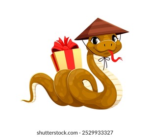 Personaje de serpiente de dibujos animados con sombrero tradicional tiene un regalo, celebrando el Año Lunar Chino 2025. Vector lindo reptil festivo que representa la alegría, celebración de vacaciones culturales y signo del zodiaco animal