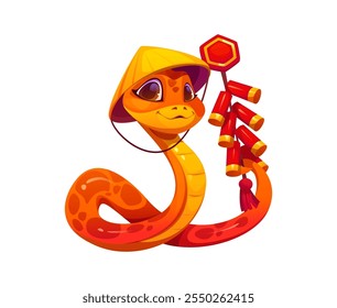 Personaje de serpiente de dibujos animados con atuendo tradicional chino y sombrero cónico, sosteniendo una cadena de petardos rojos, que simboliza la celebración del Nuevo Año Lunar 2025 con espíritu festivo, energía y diversión