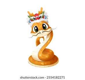 Cartoon snake character wearing traditional Chinese dragon headpiece, celebrating spirit of Chinese New Lunar Year 2025. Isolated vector reptile animal with playful expression convey joy and festivity