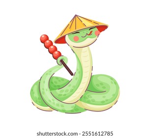 Cartoon snake character wears traditional conical hat holding a food skewer represents a playful symbol for the 2025 Chinese lunar year. Cute zodiac reptile animal with happy smile and green scales