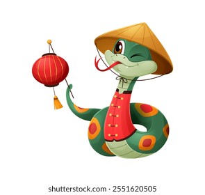 Cartoon snake character winking, wearing traditional Asian attire and holding a red lantern. Festive reptile embodies the spirit of the Chinese New Lunar Year 2025 with a cheerful and playful vibe