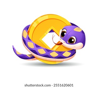 Cartoon snake character wrapped around of traditional Chinese golden coin, symbolizing Lunar New Year 2025 celebration, conveys prosperity, wealth, happiness, festivity, tradition and holiday spirit