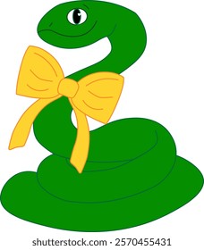 Cartoon snake character with yellow ribbon bow Chinese Lunar New Year 2025. Vector Asian zodiac animal adorned with bows and vest, represents joyful traditional CNY celebrations
