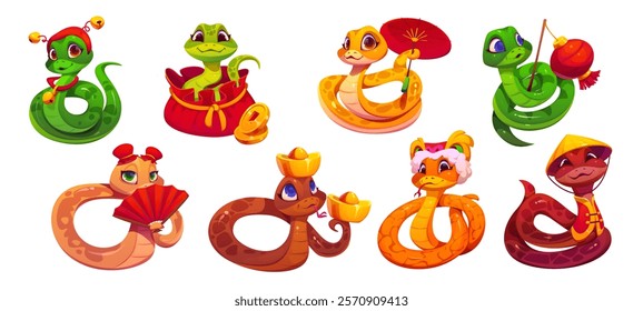 Cartoon snake characters, 2025 chinese lunar year symbols. Cute snakes isolated vector personages, Chinese New Year celebration funny mascots with paper parasol and lantern, wearing masks, and hat