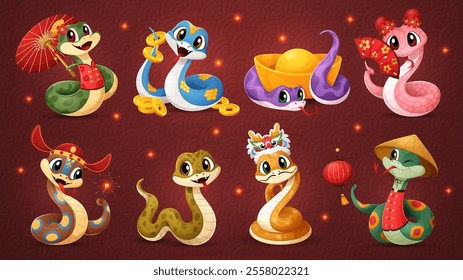 Cartoon snake characters, Chinese new lunar year 2025 reptile animals in traditional Asian attire, adorned with cultural symbols, such as fans, lanterns, coins and hats, conveying cultural richness