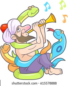 Cartoon snake charmer plays on the pipe