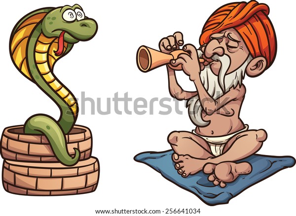 Cartoon snake charmer.\
Vector clip art illustration with simple gradients. Both characters\
on separate layer.