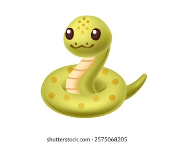 Cartoon snake with a cheerful expression, coiled up in a playful green design with spots. Cartoon animal design. Vector illustration isolated on white background