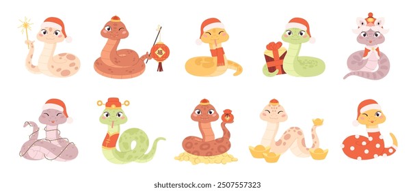 Cartoon snake. Chinese new year snakes, isolated funny symbols. Reptile holding firework gift box coin pack. Traditional asian racy vector clipart