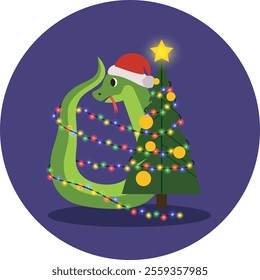 Cartoon snake in a Christmas hat, wrapped in festive garlands next to a decorated Christmas tree on a purple background. Festive mood, Christmas, New Year, winter holidays, comic situation.