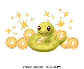 Cartoon snake coiled up sitting with golden chinese coins and sparkles on background. Cartoon animal design. Vector illustration isolated on white background