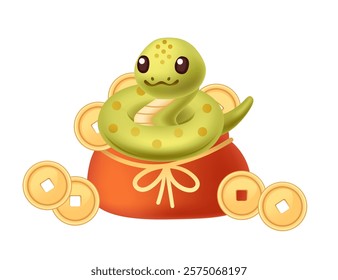 Cartoon snake coiled up sitting on red bag with golden chinese coins. Cartoon animal design. Vector illustration isolated on white background