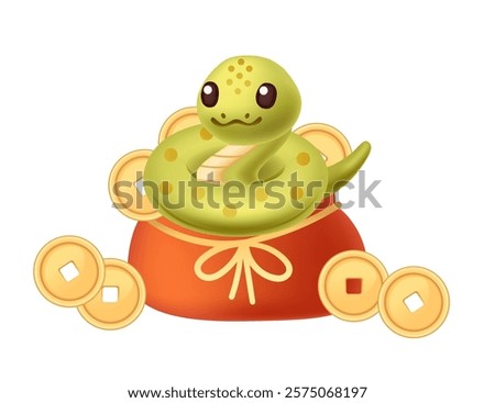 Cartoon snake coiled up sitting on red bag with golden chinese coins. Cartoon animal design. Vector illustration isolated on white background