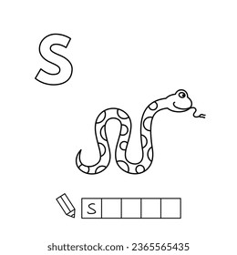Páginas de coloreo de serpientes de dibujos animados. Juego de aprendizaje para niños pequeños - escribe una palabra en inglés. Alfabeto vectorial para niños