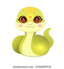 Cartoon snake cute character Chinese new year 2025 zodiac symbol. Cute green snake lunar new year oriental horoscope animal. Whimsical character isolated vector illustration Asian culture.