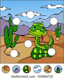 Cartoon snake in the desert. Complete the puzzle and find the missing parts of the picture. Vector illustration. Educational game for kids