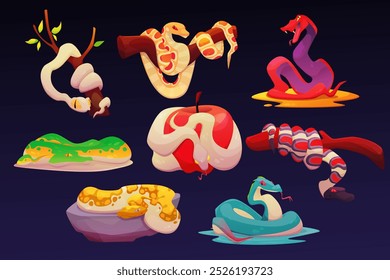 Cartoon snake. Different reptiles. Crawling animal. Poisonous cobra Python on tree brunch. Deadly viper. Vertebrate creature in California. Africa jungle. Wild forest wildlife. Vector serpents set