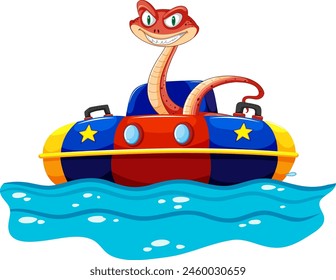 Cartoon snake enjoying a ride in a watercraft