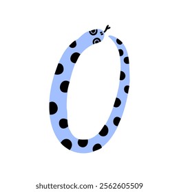 Cartoon snake forming zero, spotted blue design. Snake symbol of the year. Vector hand drawn bold illustration