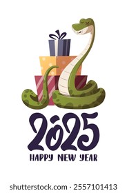 A cartoon snake with “2025 Happy New Year” text and gift boxes. Chinese New Year, Year of the snake concept. Vector illustration for card, poster, banner.	