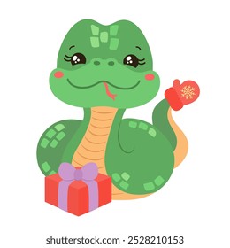 Cartoon snake kawaii character. Chinese lunar new year 2025 zodiac symbol. Cute snake with mitten on tail and Christmas gift box. Whimsical character oriental horoscope green snake isolated icon.