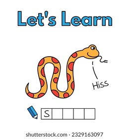 Cartoon snake learning game for small children - write the word. Vector illustration for kids