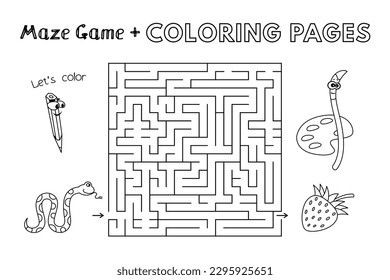 Cartoon Schlangen-Labyrinth-Spiel. Vektorfarbige Buchseiten für Kinder