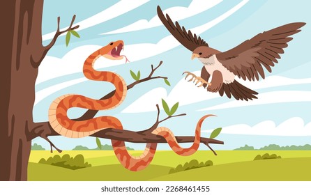 Cartoon snake nature. Eagle attacks snake on tree branch, natural habitat, suitable living conditions, venomous reptile, isolated flat characters, tropical wildlife tidy vector concept