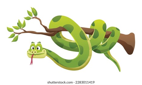 Cartoon snake on branch isolated on white background