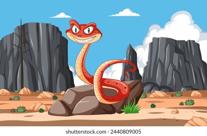 Cartoon snake with a playful expression in desert.