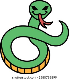 A cartoon snake with a red tongue and a menacing look on its face. The snake is green and yellow, and it is smiling