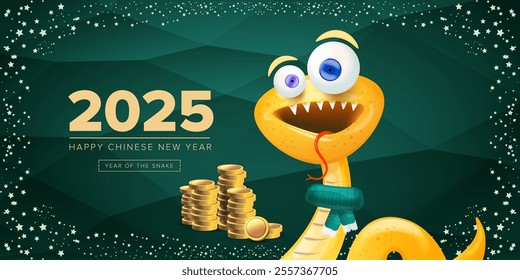 Cartoon snake with scarf symbol of 2025 lunar year. New year illustration. Happy Chinese New Year 2025 illustration vector design with cute and elegant golden snake and golden coins.