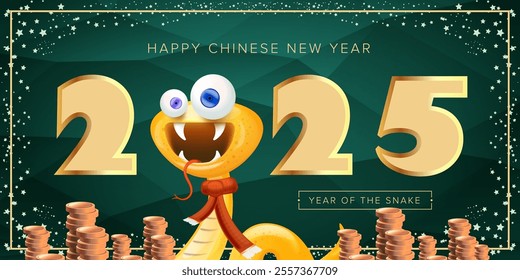 Cartoon snake with scarf symbol of 2025 lunar year. New year illustration. Happy Chinese New Year 2025 illustration vector design with cute and elegant golden snake and golden coins.